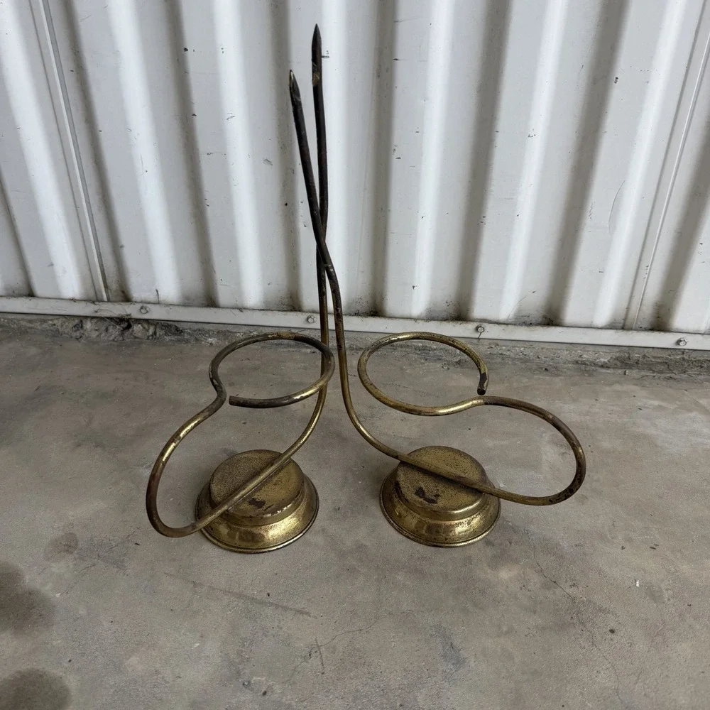 Vtg Dutch Brass Wine Bottle Holder Pair Holland Candle Pricket Oil Lamp Frames